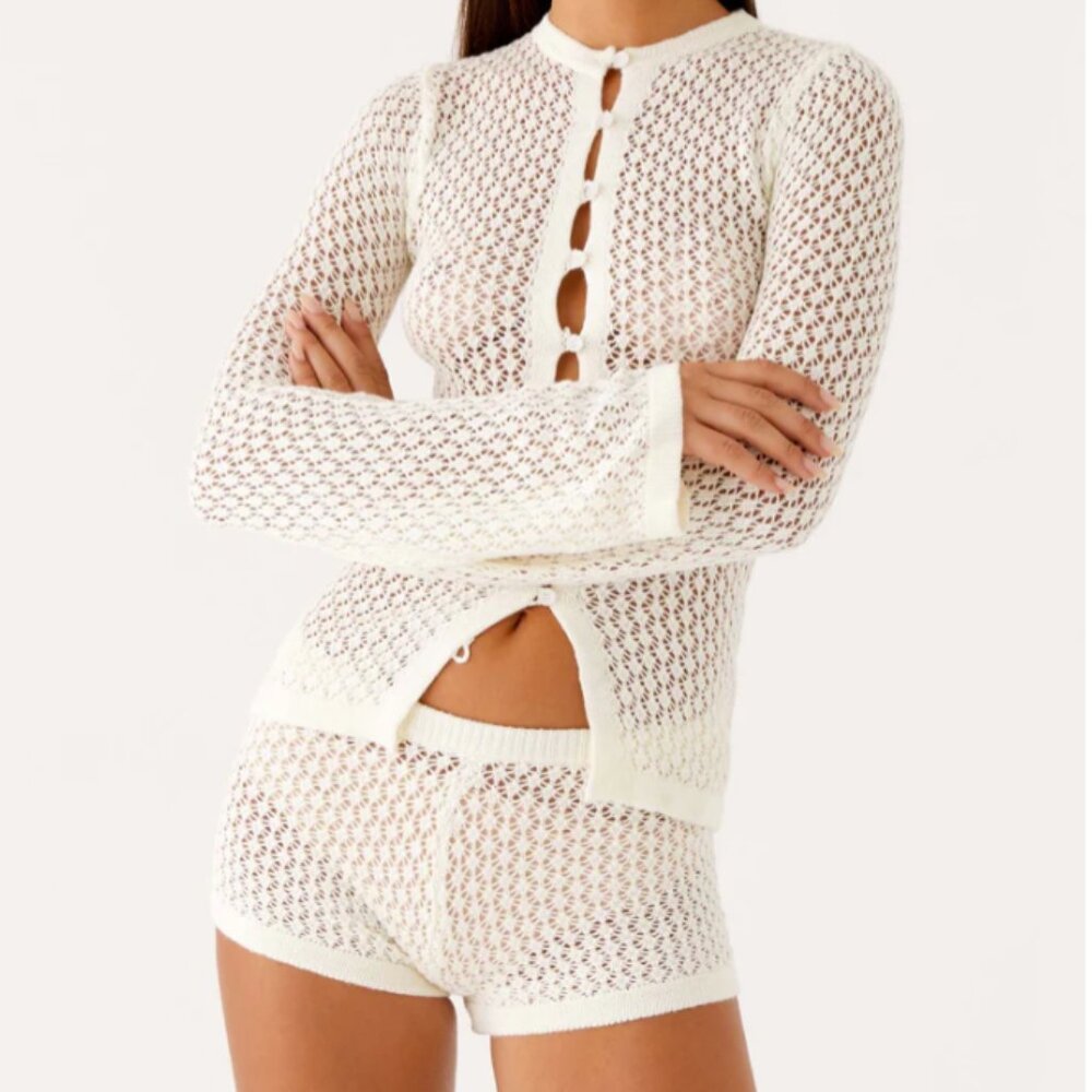 Peppermayo Cream Crochet Knit Button-Up Top
